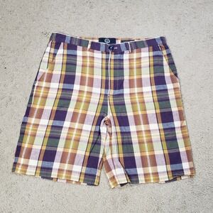 Viyella Shorts Mens 34 Tan Blue Plaid Madras Cotton Summer Preppy Casual 8"